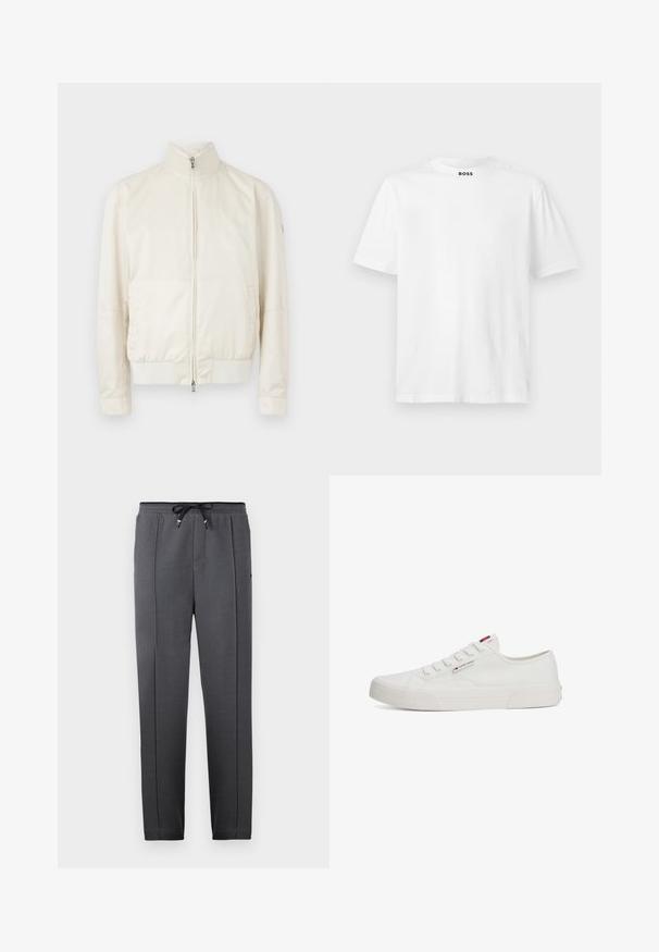 Giacca bomber color crema chiaro con colletto alto, chiusura con zip, due tasche laterali e un leggero motivo testurizzato. Polsini e orlo a costine.; T-shirt bianca a maniche corte in cotone. Presenta un colletto rotondo e un logo stampato in nero sul colletto. Texture liscia, design semplice.; Pantaloni sportivi neri in tessuto strutturato con vita elasticizzata e cordoncino, dotati di tasche laterali e gambe affusolate per una vestibilità snella.; Sneakers bianchi in tela con suola piatta in gomma, punta rotonda e cinque paia di occhielli, con una piccola etichetta con logo sul lato.
