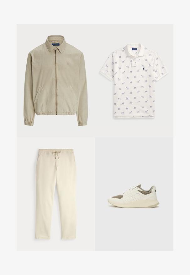 Beige lynlåsjakke lavet af et blødt stof. Har en krave, elastiske manchetter, sidelommer og et lille logo på brystet.; Hvid polo-shirt lavet af bomuld, med et gentaget blåt hundemønster og et lille blåt logo på brystet. Korte ærmer og krave.; Off-white afslappede bukser med elastisk talje og snor, lige ben og sidelommer mod en ensfarvet baggrund.; Hvide og lyse beige sportssko med en mesh-overdel, perforerede detaljer og en tekstureret mellemsål med branding på hælen.