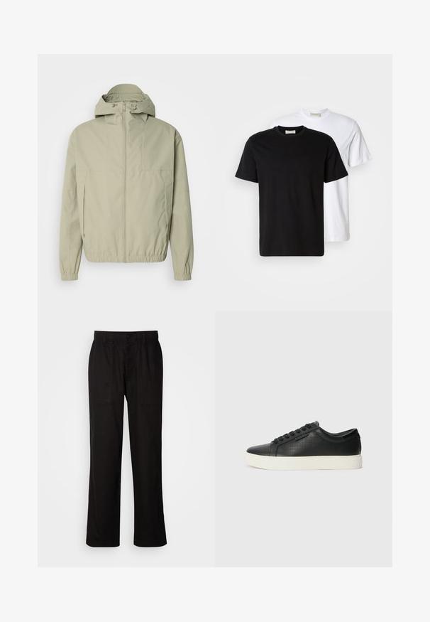 Lys grønn vindjakke med hette, elastiske mansjetter og glidelås foran. Glatt tekstur med et minimalistisk design og ingen synlige mønstre.; To enkle bomulls T-skjorter, en svart plassert foran en hvit, begge med korte ermer og rund hals.; Svart bukser med avslappet passform, laget av lett stoff. Har elastisk midjebånd, knapplukking og to frontlommer.; Sorte lær sneakers med perforert tekstur, rund tå og flat hvit gummisåle. Har sorte snørebånd og en subtil logo på siden.