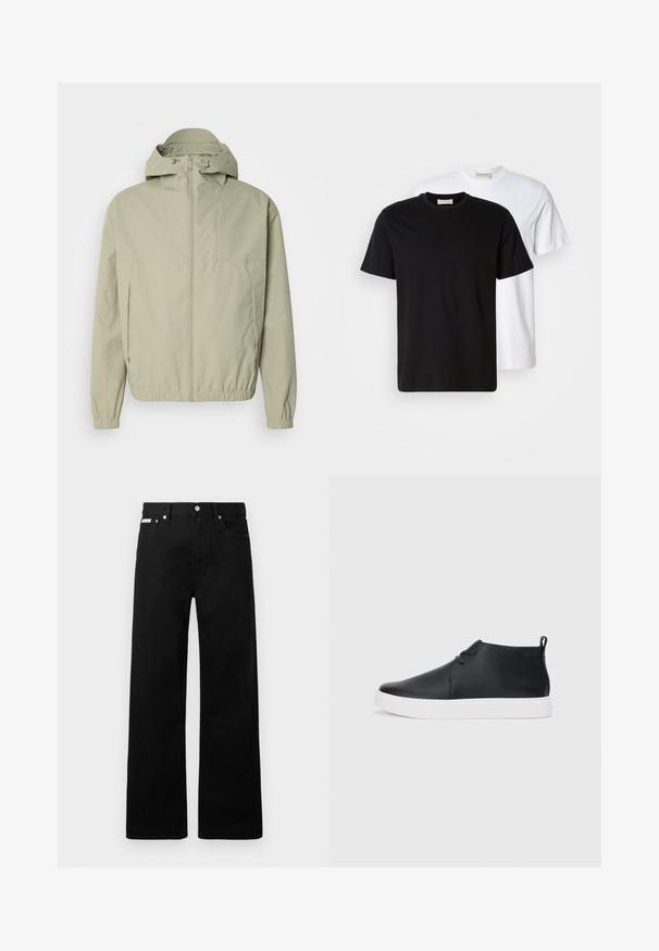 Világoszöld szélálló kabát kapucnival, rugalmas mandzsettákkal és elülső cipzárral. Simább textúra minimalista dizájnnal, látható minták nélkül.; Két sima pamut póló, egy fekete a fehér előtt, mindkettő rövid ujjú és kerek nyakú.; Fekete farmernadrág széles szabással, öt zsebbel és fém gombos díszítéssel. Sima felület, látható minták nélkül.; Fekete bőr magas szárú sneakers, sima felülettel, fehér gumi talppal és egyszerű, fűzős dizájnnal. Hátul húzófül található.