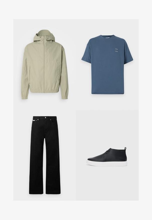 Light green windbreaker jacket with a hood, elastic cuffs, and a front zipper. Smooth texture with a minimalist design and no visible patterns.; Blue cotton t-shirt with a classic crew neck, short sleeves, relaxed fit, and two small printed logos on the chest. Smooth texture.; Black denim pants with a wide-leg design, featuring five pockets and metallic button hardware. Smooth texture, no visible patterns.; Black leather high-top sneakers with a smooth finish, white rubber sole, and simple lace-up design. Features a pull tab at the back.