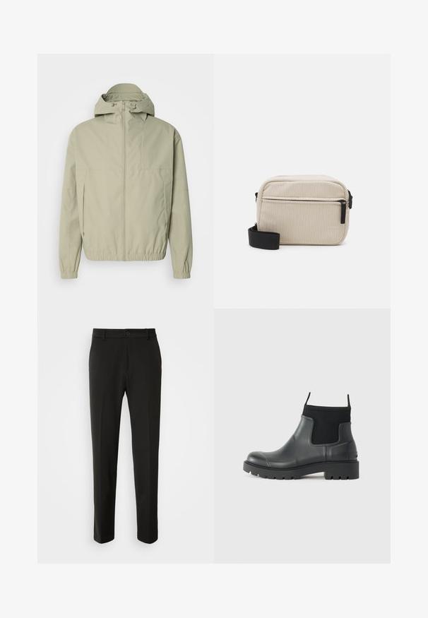 Light green windbreaker jacket with a hood, elastic cuffs, and a front zipper. Smooth texture with a minimalist design and no visible patterns.; Black polo shirt made of cotton, featuring a slight stretch, with a white collar and sleeve trim, and a small logo on the chest.; Black trousers made of smooth fabric, featuring straight legs, a button closure, and a classic design suitable for formal or casual wear.; Black ankle boots made of rubber with a matte finish, featuring a sleek design, elastic panels, and a chunky sole for traction.; Cream-colored corduroy crossbody bag with a black zipper, removable strap, and textured pattern. Features one main compartment and front pocket.