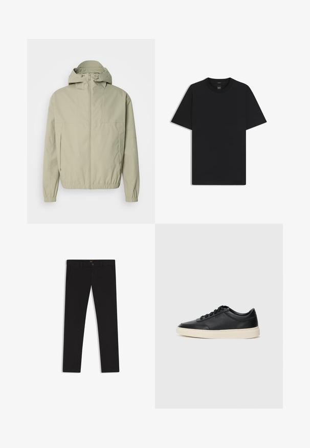 Lys grøn vindjakke med hætte, elastiske manchetter og frontlynlås. Glat tekstur med et minimalistisk design og ingen synlige mønstre.; Sort kortærmet T-shirt lavet af en glat bomuldsblanding, med en rund halsudskæring og et minimalistisk design uden mønstre eller accenter.; Sorte bukser lavet af stof med en glat tekstur. Har en knaplukning, bæltestropper og sidelommer. Standard design med lige ben.; Sort lavt top lædersneaker med sorte snørebånd og off-white sål vist i sideprofil på hvid baggrund.