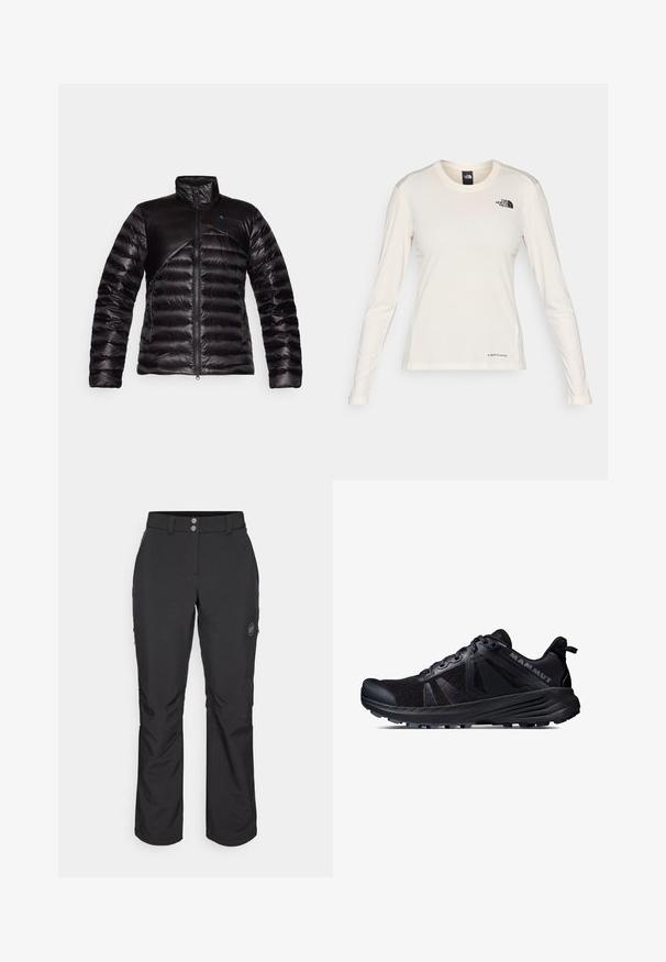 Zwarte gewatteerde jas met een hoge kraag, voorzien van een glad paneel over de borst. Textuurstof met een diagonaal ontwerp en een blauw accentlogo.; The North Face SHADOW LONG SLEEVE - Longsleeve - white dune; Zwarte outdoor pants met een rechte snit, voorzien van een knoopsluiting, ritszakken aan de zijkant en een logo-label op de linker bovenbeen.; Zwarte trailrunningschoen met een mesh bovenkant en rubberen zool. Heeft textuur overlays, een versterkte neuskap en het merkteken op de hiel.