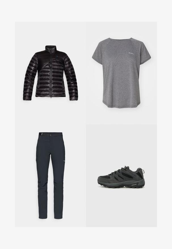 Giubbotto imbottito nero con colletto alto, caratterizzato da un pannello liscio sulla parte anteriore. Tessuto testurizzato con un design diagonale e logo in blu.; Maglietta grigia a maniche corte con un sottile motivo testurizzato, scollatura rotonda e logo Columbia sul petto. Tessuto morbido, vestibilità rilassata.; Pantaloni da uomo per attività all'aperto, grigio scuro, realizzati in materiale elastico, dotati di cintura, tasche con zip e cuciture rinforzate.; Columbia REDMOND - Scarpa da hiking - black/citron haze
