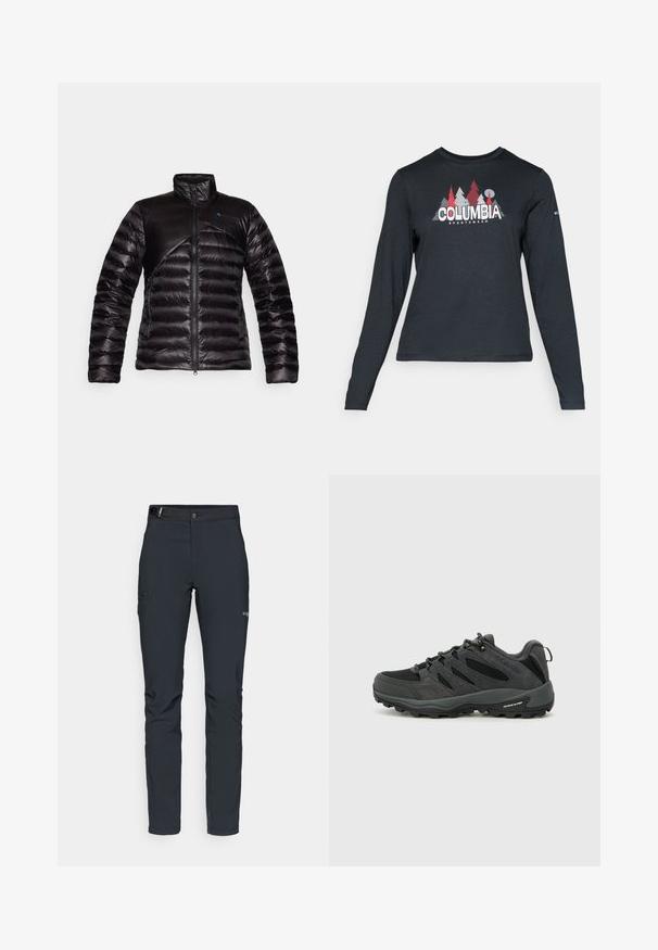 Crna puf jakna s visokim ovratnikom, koja ima glatku ploču na prsima. Teksturirana tkanina sa dijagonalnim uzorkom i plavim logom kao naglaskom.; Majica dugih rukava tamnosive boje s grafikom crvenih drveća i planina; logo "COLUMBIA" u podebljanom bijelom tekstu. Mekana tkanina, standardni okrugli izrez.; Muške outdoor hlače, tamno sive boje, izrađene od fleksibilnog materijala, s remenom, džepovima na patentni zatvarač i ojačanim šavovima.; Columbia REDMOND - Obuća za pješačenje - black/citron haze
