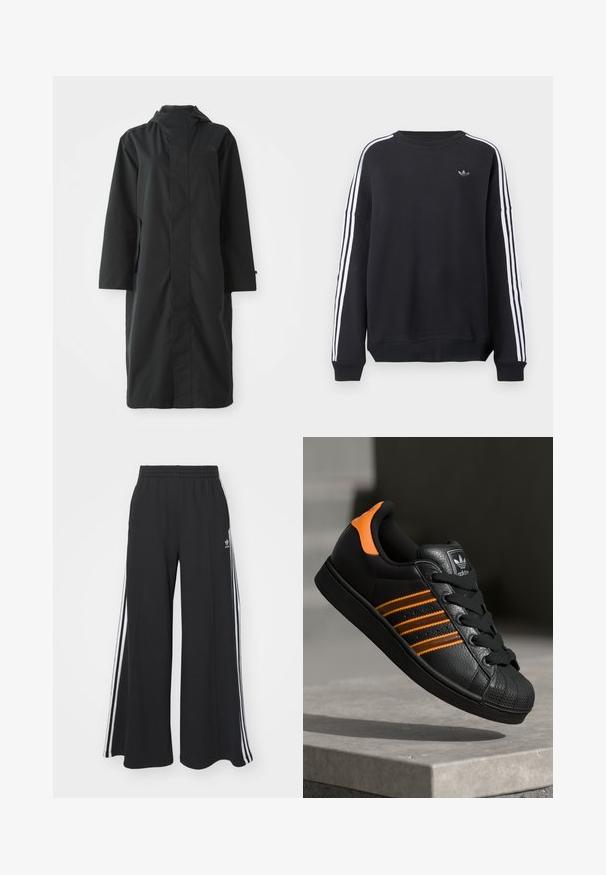 Juodas lietpaltis, pagamintas iš vandeniui atsparios medžiagos, su aukštu apykakle, ilgomis rankovėmis, minimalistiniu dizainu ir šoninėmis kišenėmis.; Juodas džemperis su ilgomis rankovėmis, baltomis juostomis, einančiomis kiekviena ranka žemyn, ir mažu pilku logotipu ant krūtinės. Medvilnės medžiaga, laisvo stiliaus prigludimas.; Juodos plačios kojų džinsinės kelnės su elastingu juosmeniu, turinčios baltas šonines juosteles ir išsiuvinėtą logotipą kairiajame šlaunyje.; Juodas sportinis batelis su oranžiniais akcentais, trimis horizontaliomis juostelėmis, tekstūruota odinė viršutinė dalis, guminiu nosių dangteliu ir juodomis raišteliais.