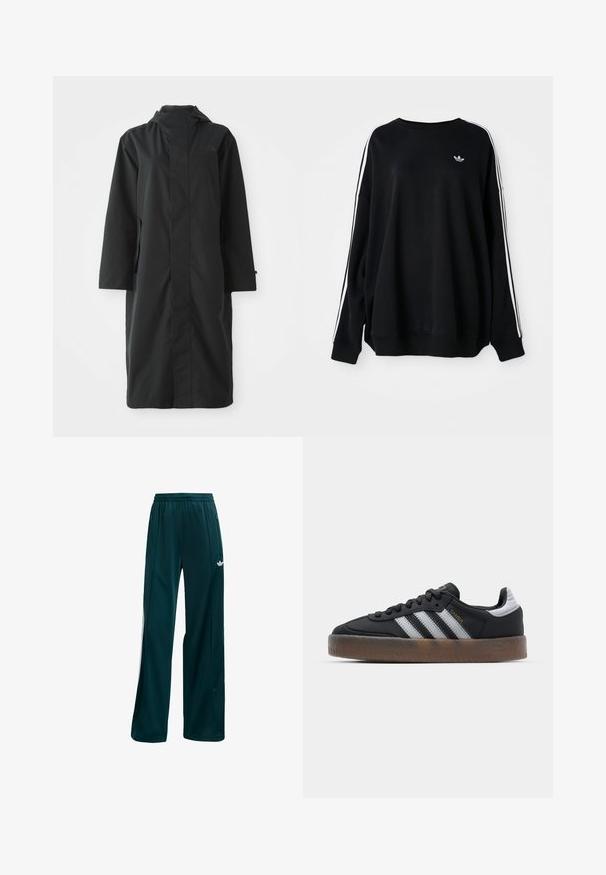 Zwarte regenjas gemaakt van waterafstotend materiaal, met een hoge kraag, lange mouwen, een minimalistisch ontwerp en zijzakken.; Zwarte oversized sweatshirt van zachte stof, met witte strepen langs de mouwen en een klein logo op de borst. Ronde halslijn.; Donkerblauwe sportbroek gemaakt van lichtgewicht stof, met een eenvoudig ontwerp, elastische tailleband en witte zijaccenten.; Zwarte sneakers met een slank ontwerp, voorzien van drie witte strepen, een zwarte tong en een gestructureerde bruine rubberen zool. Accenten van gouden letters.