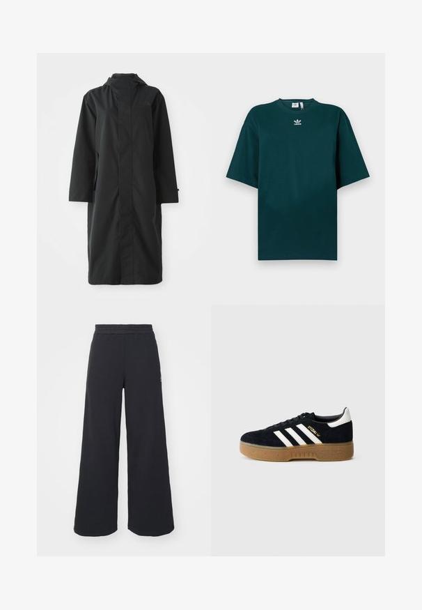 Melnas lietusmētelis, izgatavots no ūdensizturīga materiāla, ar augstu apkakli, garām piedurknēm, minimālistisku dizainu un sānu kabatām.; Tumši zaļa pārmēra kokvilnas T-krekls ar īsām piedurknēm un apaļu kakla izgriezumu, uz krūtīm redzama balta Adidas logo.; Melni platās svārku bikses, izgatavotas no mīksta auduma, ar elastīgu jostas daļu un mazu logotipu kreisajā pusē.; Melns zamšādas sporta apavu ar baltām trim svītrām un zelta logotipu. Gumijas zole ar teksturētu saķeri. Klasisks zema profila dizains ar apaļu purngalu.