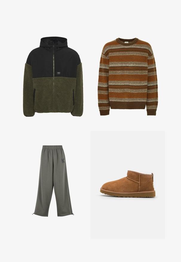 Kapucnis dzseki, fekete felső résszel és olíva zöld polár alsó résszel. Cipzáras záródás, két oldalsó zseb és márkajelzés a mellkason.; Solid SDMAXWELL - Pulóver - slate black; Karl Kani KK OS SIDESTRIPE - Nadrágok - grey; Barna suéd bőrcipő, lekerekített orral, diszkrét varrásokkal és texturált gumitalppal. Rövid magasságú, fűző nélkül.