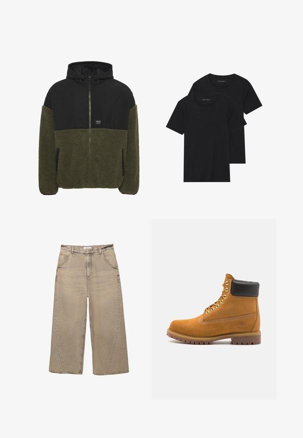 Kapuzenshirt mit schwarzem Oberteil und unterem Teil aus olivgrünem Fleece. Reißverschluss, zwei seitliche Taschen und ein Markenlabel auf der Brust.; Zwei schwarze Baumwoll-T-Shirts mit kurzen Ärmeln, runden Ausschnitten und einer glatten Textur, übereinander gestapelt.; PULL&BEAR MEGA BAGGY - Baggy Jeans - light grey; Beige Wildleder-Ankle-Boot mit schwarzem gepolstertem Kragen, goldenen Metallösen, weißen Nähdetalben und einer robusten Gummisohle mit ausgeprägtem Profil.