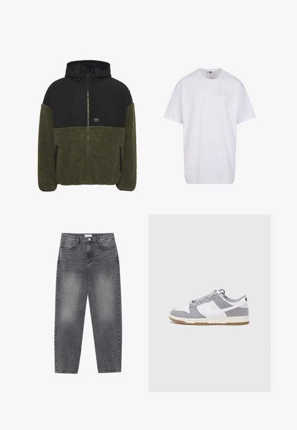 Huppari, jossa on musta yläosa ja oliivinvihreä fleece-alusosa. Vetoketjusuljenta, kaksi sivutaskua ja brändilogo rinnassa.; Valkoinen puuvillainen t-paita, jossa on lyhyet hihat, pyöreä kaula-aukko, rento istuvuus ja ei näkyviä logoja tai kuvioita. Sileä pinta ja minimaalinen muotoilu.; Korkeavyötäröiset, väljät farkut haalistuneesta mustasta denimestä. Ominaisuuksiin kuuluu viisi taskua, vyölenkit ja siisti, suora lahjetyyli.; Harmaa ja valkoinen lenkkari, jossa on mokka- ja nahkapinta, pyöreä kärki, litteät nauhat ja kumipohja, jossa on vaahtomuoviväri.