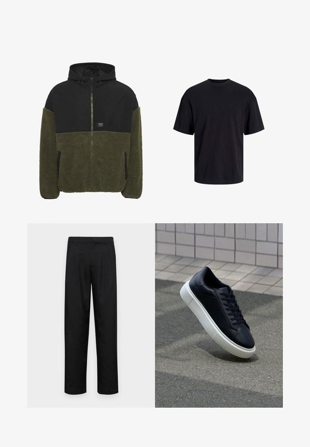 Hooded jacket featuring a black upper and olive green fleece lower. Zipper closure, two side pockets, and a brand label on the chest.; Black cotton t-shirt with a crew neckline, short sleeves, and a relaxed fit. Smooth texture and no visible patterns or accents.; Black trousers made of smooth fabric, featuring a straight-leg design, two front pleats, and standard waistband with belt loops.; Black leather sneaker with rounded toe and white rubber sole. Features flat laces and minimal stitching on the upper. Textured sole for grip.
