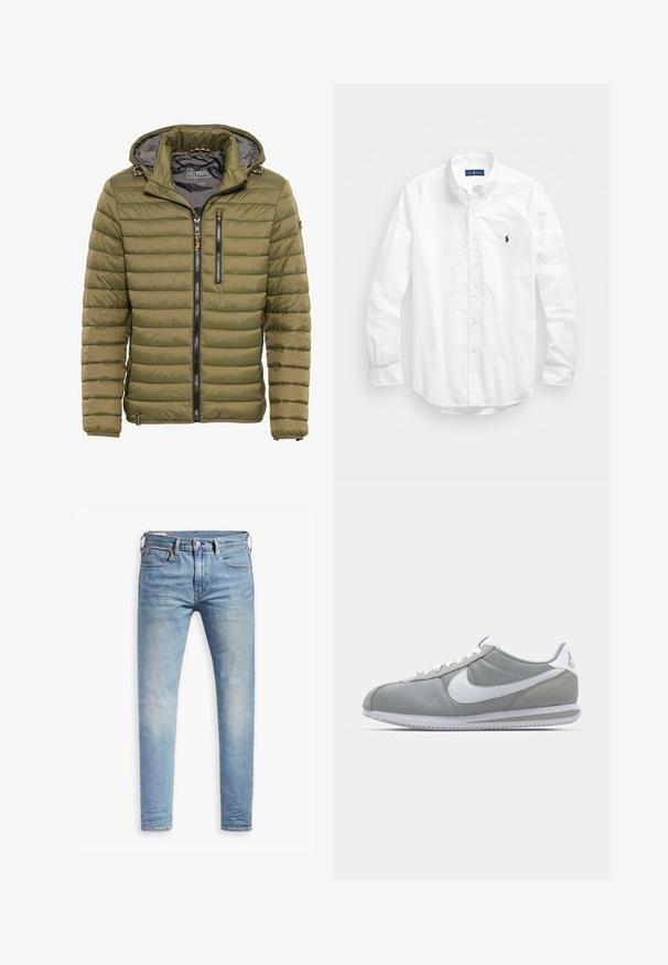 Olijfgroen gewatteerd jack met een capuchon, voorzien van een rits aan de voorkant, twee ritszakken en ribgebreide manchetten; gladde textuur, synthetisch materiaal.; Witte lange mouwen overhemd van katoen. Voorzien van een klassiek kraag, knopenmanchetten en een klein marineblauw geborduurd logo op de borst.; Lichtblauwe slim-fit jeans met een lichte vervaging op de dijen, knoopsluiting aan de voorkant, riemlussen en vijf-pocket styling op een witte achtergrond.; Grijze sportschoen met een bovenwerk van suede en textiel, witte Nike swoosh en witte veters. Heeft een gestructureerde rubberen zool en een gevoerde schacht.