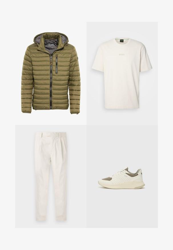 Olivengrøn polstret jakke med hætte, der har lynlås foran, to lynlåslommer og ribbede manchetter; glat tekstur, syntetisk materiale.; BOSS TEE - T-shirts basic - open white; Hvide, plisserede bukser med en skræddersyet pasform, der har en glat overflade, bæltestropper og smalnede ben. Ingen synlige lommer eller mønstre.; Hvide og lyse beige sportssko med en mesh-overdel, perforerede detaljer og en tekstureret mellemsål med branding på hælen.