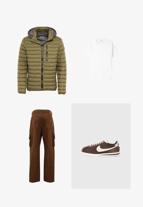 Oliwkowa pikowana kurtka z kapturem, z zapięciem na suwak z przodu, dwiema zasuwanymi kieszeniami i ściągaczami na rękawach; gładka faktura, materiał syntetyczny.; Biała bawełniana koszulka z krótkim rękawem, okrągłym dekoltem i luźnym krojem. Gładka faktura, bez wzorów ani grafik, minimalne oznakowanie na metce.; Brązowe spodnie cargo o prostym kroju, z podwójnymi kieszeniami bocznymi oraz dwiema tylnymi kieszeniami z detalami w postaci przeszyć.; Brązowe sneakersy z połączenia zamszu i materiału canvas, z białym logo Nike w kształcie swoosh oraz teksturowaną gumową podeszwą.