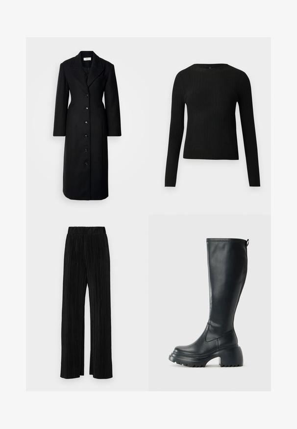 Long black wool coat with a double-breasted design, notched lapels, 7 front buttons, and side pockets. Smooth texture and structured fit.; Black ribbed long-sleeve fitted sweater with a round neckline, displayed against a plain light background.; Black pleated trousers with an elastic waistband. Features wide legs and a smooth, textured fabric with vertical stripes.; Tall black leather boot with chunky platform sole and block heel, featuring pull tab and textured tread on outsole.