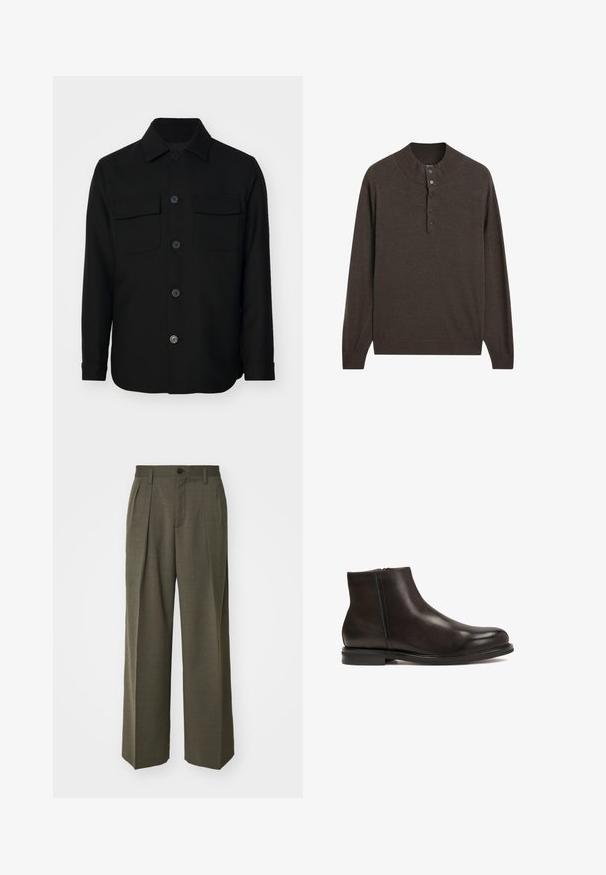 Zwarte shirtjack gemaakt van een gladde stof. Heeft een puntkraag, knopen aan de voorkant en twee borstzakken met kleppen. Lange mouwen.; Bruine lange mouwen trui met een hoge kraag en een placket met drie knopen. Gemaakt van zachte stof, heeft het een gladde textuur en geribbelde manchetten.; Filippa K WIDE TROUSERS - Broek - driftwood; Zwarte leren enkelboot met een gladde textuur, ronde neus en een lage hak. Voorzien van een zijrits voor gemakkelijk aan- en uittrekken.