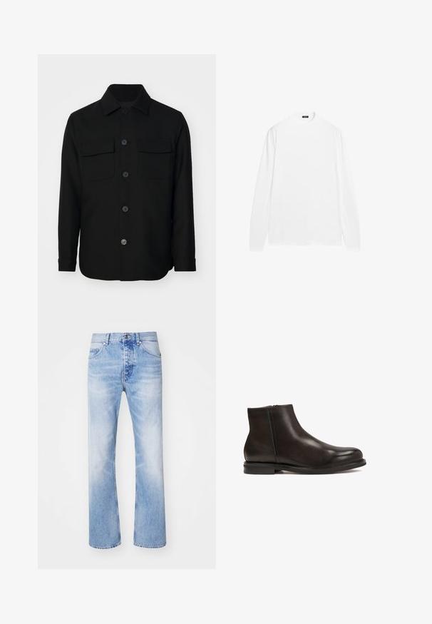 Sort skjortejakke lavet af et glat stof. Har en spids krave, frontknapper og to brystlommer med klapper. Lange ærmer.; Langærmet hvid skjorte med rund hals, lavet af glat bomuldsstof. Har ribstrikkede manchetter og en lige kant, ingen synlige mønstre.; Lyseblå denim jeans med et lige ben-design, der har en klassisk fem-lommer stil og et subtilt falmet mønster.; Sort læder ankelstøvle med en glat tekstur, rund tå og lav hæl. Har en side lynlås for nem påtagning.