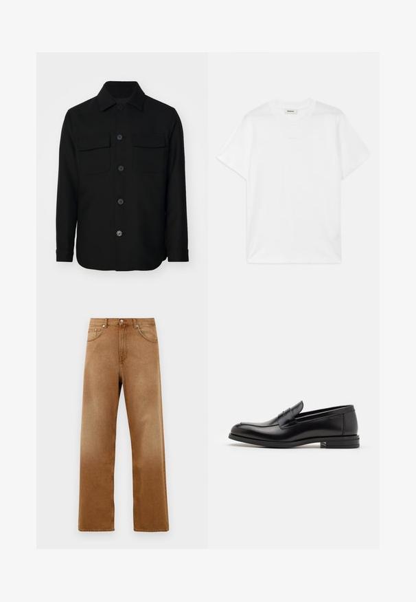 Giacca nera in tessuto liscio. Presenta un colletto a punta, bottoni frontali e due tasche sul petto con patte. Maniche lunghe.; T-shirt bianco in cotone con collo rotondo, maniche corte e un logo discreto stampato sul davanti. Texture liscia e design semplice.; Jeans in denim marrone a gamba larga con vita alta, dotati di due tasche anteriori, chiusura con bottone e una sottile texture. Nessun motivo o dettaglio visibile.; Mocassini neri in pelle con una texture liscia, punta arrotondata e una striscia decorativa sulla tomaia. Tacco basso impilato, design minimalista.
