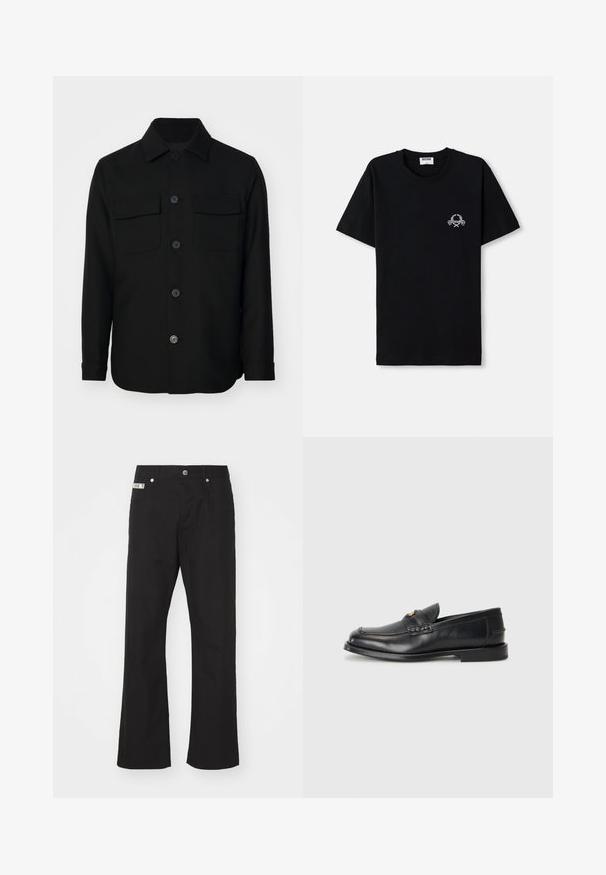Zwarte shirtjack gemaakt van een gladde stof. Heeft een puntkraag, knopen aan de voorkant en twee borstzakken met kleppen. Lange mouwen.; Zwart katoenen t-shirt met een ronde halslijn. Voorzien van een klein wit grafisch ontwerp op de borst. Korte mouwen en een rechte zoom.; Zwarte katoenen broek met een rechte pijpdesign, voorzien van een sluiting met een knoop aan de voorkant, twee zijzakken en een klein merklabel op de tailleband.; Zwarte leren instappers met een ronde neus, gestikte details en een kleine gouden accent aan de voorkant. De zool is plat en discreet.