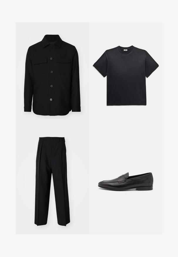 Sort skjortejakke lavet af et glat stof. Har en spids krave, frontknapper og to brystlommer med klapper. Lange ærmer.; Sort bomuld t-shirt med rund halsudskæring og korte ærmer. Har en afslappet pasform, glat tekstur og minimalistisk design.; Sorte plisserede bukser med et lige, bred ben-design. Fremstillet af glat stof, med en knaplukning og bæltesløjfer.; Sort læder herre loafers med lav hæl og et klassisk penny strap design, vist i sideprofil på en hvid baggrund.
