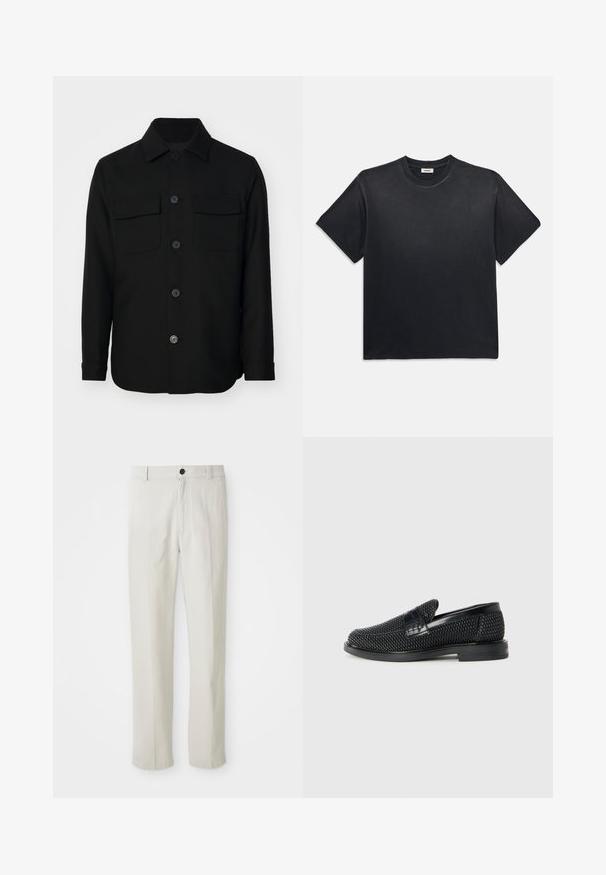 Must mustriga särk, mis on valmistatud siledast kangast. Omab teravat kaelust, esist muudatused ning kahte rinna taskut lipukestega. Pika varrukaga.; Must märk puuvillane T-särk ümmarguse kaelusega ja lühikeste varrukatega. Omab lõdvat istuvust, sujuvat tekstuuri ja minimalistlikku disaini.; Beezid sirgedega püksid, millel on vöökohakinnitus, esine nupuga ja tõmblukk, näidatud lapikult valgel taustal.; Must musta kootud slip-on king, millel on pehme nahast accent ülaserval, ümmargune varvas ja madal profiiliga kummitald.