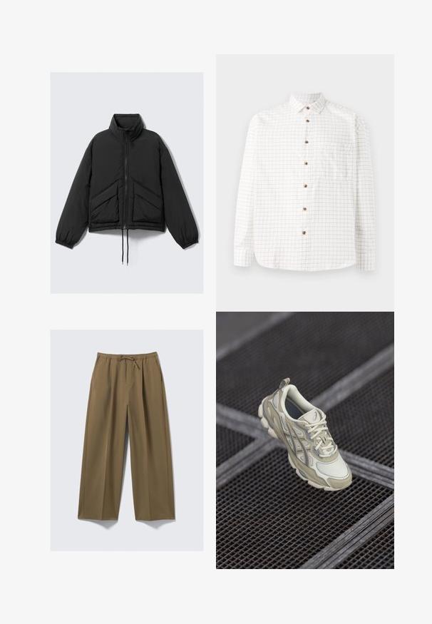 Czarna kurtka puchowa, wysoki kołnierz, zamek z przodu, gatherowane mankiety oraz przednie kieszenie z trójkątnym pikowaniem. Teksturowana tkanina, krótki krój.; Biała koszula z guzikami, w kratkę w granatowym kolorze, z kieszenią na piersi, zaokrąglonym dołem i drewnianymi guzikami. Lekki materiał.; Szerokie spodnie w kolorze oliwkowym, wykonane z miękkiej tkaniny z elastycznym pasem i regulowanym sznurkiem. Posiadają dwie boczne kieszenie.; Beżowe obuwie sportowe z teksturowaną siateczką, subtelnymi szarymi akcentami i wyściełanym językiem. Zaokrąglona, amortyzowana podeszwa zapewniająca komfort.