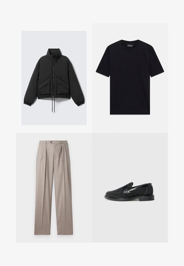Black puffer jacket, high collar, zip front, gathered cuffs, and front pockets with a triangular quilted pattern. Textured fabric, cropped design.; Black short-sleeve crew neck T-shirt with subtle embossed pattern and brand label inside collar, laid flat on white background.; Emporio Armani TROUSER - Trousers - beige medio; Black woven slip-on shoe with a smooth leather accent on the upper, a round toe design, and a low-profile rubber sole.