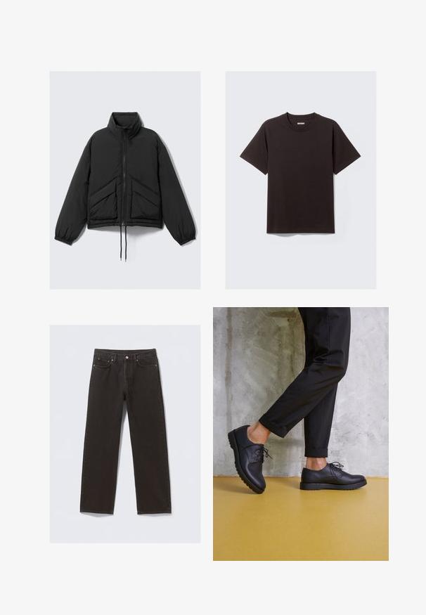 Black puffer jacket, high collar, zip front, gathered cuffs, and front pockets with a triangular quilted pattern. Textured fabric, cropped design.; Plain black short-sleeve cotton T-shirt with crew neck and a small "WEEKDAY" label at the inside back collar.; Black denim jeans with a straight-leg design, five pockets, and copper-colored stitching. Smooth texture, classic button closure at the waist.; Black leather lace-up shoes with a rounded toe, textured surface, and thick rubber sole. Worn with rolled black trousers against a concrete background.