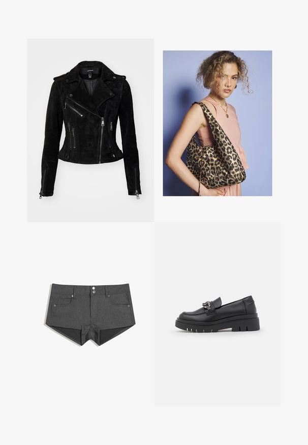 Giacca da moto nera in suede con un design aderente, chiusure con zip asimmetriche, bottoni a pressione e tasche con zip. Texture liscia.; Maglione grigio lavorato a maglia con strisce orizzontali nere, collo a giro, e texture a costine. Presenta maniche lunghe e un orlo arrotondato.; Pantaloni shorts in denim grigio con due tasche frontali, doppio bottone anteriore e un design aderente. Il tessuto ha una texture liscia.; Scarpa tipo mocassino nera con suola a pianta spessa, tomaia in pelle liscia, dettaglio decorativo a catena e tacco leggero con particolare incavo.; Donna con capelli ricci che indossa un top senza maniche rosa e una collana a forma di cuore dorata, mentre porta una grande borsa a tracolla con stampa leopardata.