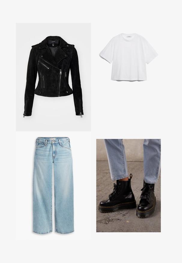 Mustast sametist mootorratturi jope, millel on sobiv disain, asümmeetrilised tõmblukud, nööbid ning tõmblukuga taskud. Sile tekstuur.; Valge puuvillane T-särk lühikeste varrukatega, ümar kaelus, vaba lõige ning ilma nähtavate mustrite või graafikateta. Sile tekstuur ja lihtne disain.; Heledad sinised laia säärega teksad, mis on valmistatud denimist, kõrge vöökoht, nööpidega kinnitamine ja kulunud serv. Nähtavad õmblused ja taskud.; Mustad mustad nahast pahkluu saapad, jämeda tallaga, ümarate varvastega, lindipaeladega, kollaste õmblustega ja seljaosas tõmbetabiga.