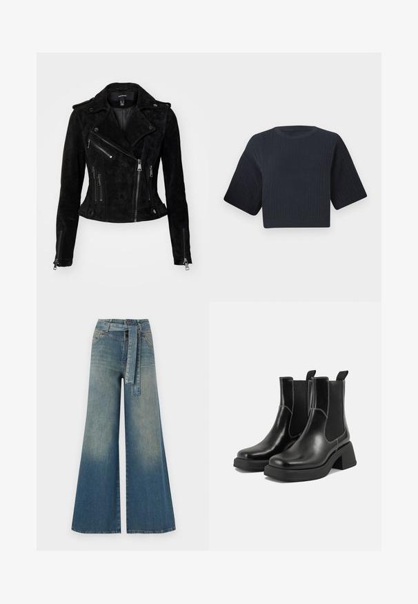 Svart semsket skinnjakke for motorsykkel med en tettsittende design, asymmetrisk glidelås, trykknapper og glidelåslommer. Glatt tekstur.; Mørk marineblå cropped strikkegenser med ribbet tekstur, korte vide ermer og rund hals. Enkel design, ingen synlige mønstre eller detaljer.; Bredde ben jeans med en lyseblå til mørkeblå gradient, høyt liv, beltehemper og et matchende belte i samme stoff. Teksturert denimoverflate.; Sorte lær Chelsea støvler med en kraftig hæl, elastiske sidepaneler og kontrasterende hvid syning. Teksturert overflate.