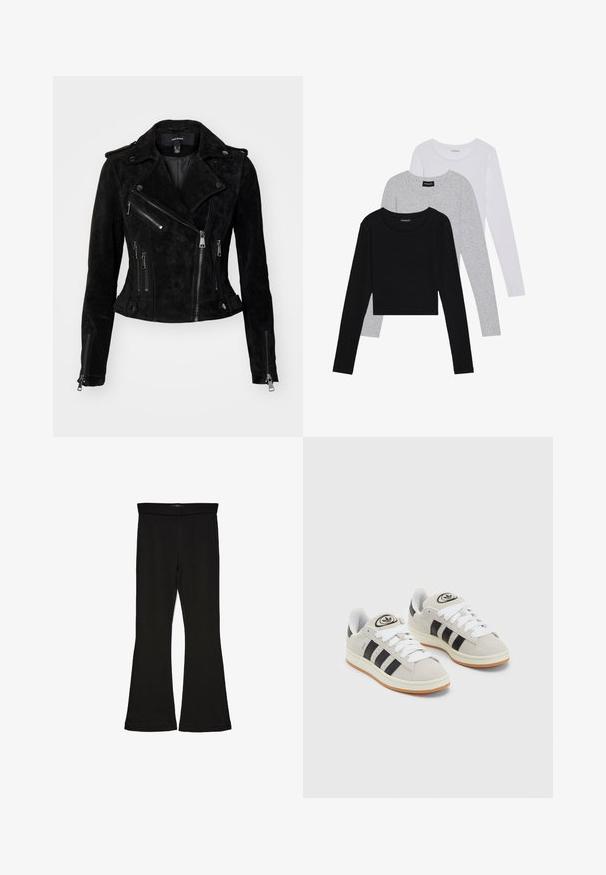 Veste de moto en suède noir au design ajusté, avec des fermetures éclair asymétriques, des boutons-pression et des poches zippées. Texture lisse.; Trois hauts à manches longues empilés : noir, gris et blanc. Chacun a un col rond et un design court avec un tissu lisse et léger.; Leggings évasés noirs en tissu extensible. Présentent une taille large et une texture lisse, avec une coupe ajustée qui s'évasent au bas.; Baskets en suède gris avec des lacets blancs, des rayures noires et une semelle en caoutchouc blanc. Présentent un logo circulaire sur la languette et une semelle en gomme.