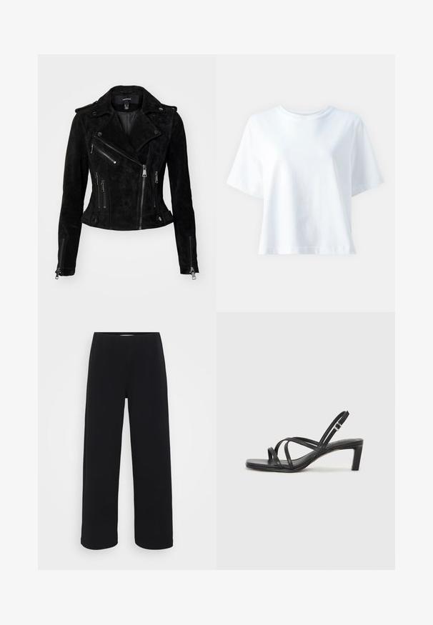 Schwarze Wildleder-Motorradjacke mit einer taillierten Passform, asymmetrischen Reißverschluss-Öffnungen, Druckknöpfen und Reißverschluss-Taschen. Glatte Textur.; Weißes Baumwoll-T-Shirt mit Rundhals, kurzen Ärmeln, lockerer Passform und glatter Textur. Keine Muster oder Akzente sichtbar.; Schwarze weit geschnittene Hose mit elastischem Bund. Hergestellt aus einem strukturierten Material, mit lockerer Passform und geradem Schnitt von der Hüfte bis zum Saum.; Schwarze Sandale mit Riemchen, quadratischer Zehenform und niedrigem Blockabsatz. Verfügt über mehrere dünne Riemen und einen verstellbaren Knöchelriemen. Hergestellt aus glattem Leder.