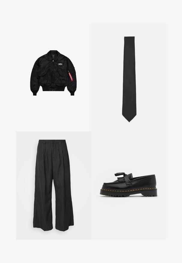 Černá bomber bunda vyrobená z hladkého nylonu. Obsahuje přední zip, žebrované manžety, několik kapes a červenou textilní nášivku na rukávu.; Dvoje košilí s krátkým rukávem: jedna bílá a jedna světle modrá. Obě mají zapínání na knoflíky vpředu, límeček, hladkou bavlněnou tkaninu a standardní střih.; Černé široké kalhoty s pruhy a sklady, s propracovaným střihem a jemnou texturou. Žádné viditelné kovové díly ani akcenty.; Černé kožené mokasíny s třásněmi, se silnou černou podrážkou a žlutým prošíváním podél okraje. Texturovaný povrch.; Černý motýlek vyrobený z hladké látky, s úzkým, dlouhým tvarem a špičatým koncem, bez viditelných vzorů či akcentů.