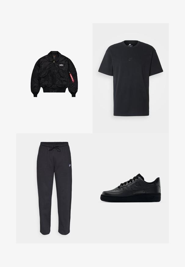 Melnā bumbijaka, kas izgatavota no gluda nylona. Aprīkota ar priekšējo rāvējslēdzēju, ribotiem piedurkņu galiem, vairākiem kabatām un sarkanu auduma birku uz piedurknes.; Nike melns kokvilnas T-krekls ar klasisku piegriezumu, īsām piedurknēm un smalku, reljefu logotipu uz krūškurvja. Gluda tekstūra.; Melnas sporta bikses, kas izgatavotas no mīksta auduma, ar elastīgu jostu, auklu un mazu Nike logo uz kreisā augšstilba.; Melni Nike Air Force 1 apavi ar gludu ādas virsu, perforētu purngalu gaisa caurlaidībai, melnām šņorēm un teksturētu gumijas zoli.