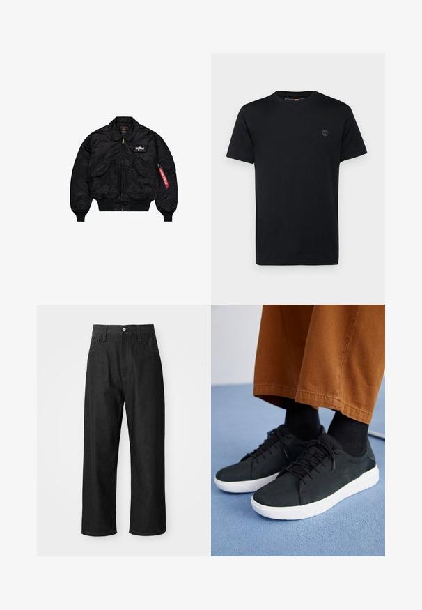 Schwarze Bomberjacke aus glattem Nylon. Verfügt über einen Frontreißverschluss, gerippte Bündchen, mehrere Taschen und ein rotes Stoffetikett am Ärmel.; Schwarzes Baumwoll-T-Shirt mit Rundhalsausschnitt, kurzen Ärmeln und einem kleinen, gestickten Logo auf der Brust. Glatte Textur, klassischer Schnitt.; Schwarze Jeanshose mit relaxtem Schnitt, hohem Bund, Reißverschluss und Fünf-Taschen-Design. Sichtbare Nähte setzen Akzente.; Schwarze Wildleder-Sneaker mit weißen Gummisohlen, mit Schnürdesign, strukturierten Akzenten und dezentem Branding, kombiniert mit braunen Hosen.