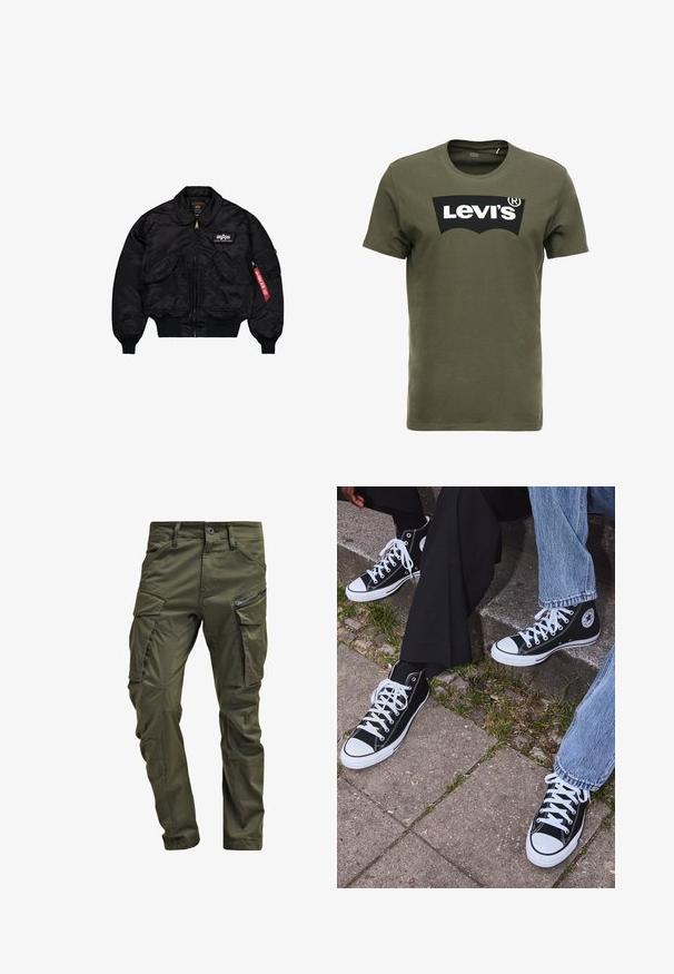 Črna bomberska jakna iz gladkega najlona. Ima sprednji zadrgo, rebraste manšete, več žepov in rdečo tkaninsko oznako na rokavu.; Olivno zelena bombažna majica s kratkimi rokavi, ki na sprednji strani nosi velik črn logotip Levi's. Klasičen kroj z okroglim izrezom in gladka tekstura.; Olivno zelene cargo hlače iz trdnega bombaža. Imajo več žepov, zip žep na strani in zožene noge z rahlo teksturirano površino.; Črne visoke platnene teniske z belimi gumijastimi podplati in vezalkami, z ovalnim logotipom na strani, v kombinaciji z džinsom in črnimi hlačami.