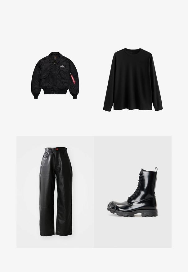 Schwarze Bomberjacke aus glattem Nylon. Verfügt über einen Frontreißverschluss, gerippte Bündchen, mehrere Taschen und ein rotes Stoffetikett am Ärmel.; Schwarzer Pullover mit langen Ärmeln aus weichem Stoff, runder Ausschnitt, lockere Passform und gerippte Bündchen. Minimalistisches Design, keine zusätzlichen Muster.; Schwarze Fake-Leder-Hosen mit weitem Bein und hoher Taille, sichtbaren Taschen und einem roten Knopfakzent, die eine glatte, glänzende Textur aufweisen.; Schwarze Lackleder-Kampfstiefel mit glänzender Oberfläche, Schnürdesign, dicke Gummisohle und markantem Front-Hardware-Detail.