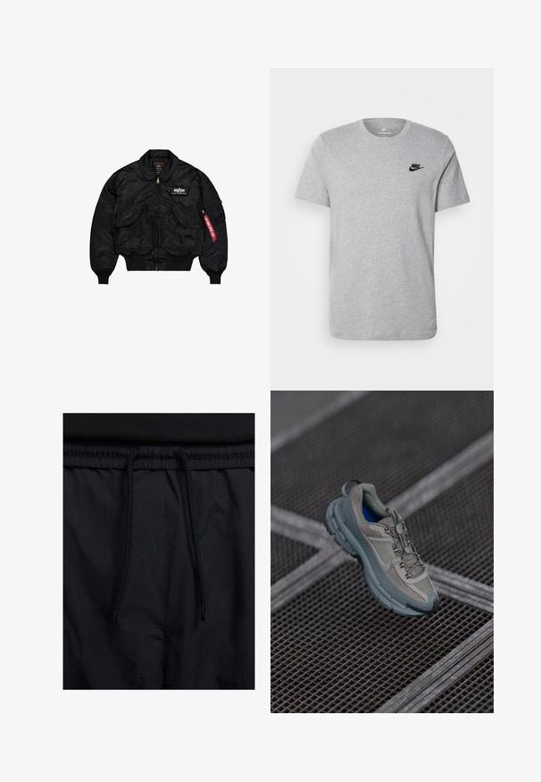 Casaco bomber preto feito de nylon liso. Apresenta um fecho frontal, punhos canelados, múltiplos bolsos e uma etiqueta de tecido vermelho na manga.; T-shirt cinza de manga curta em algodão, com um logo preto da Nike no peito e um decote redondo. Design minimalista sem padrões.; Calções pretos com um cós elástico ajustável, fabricados em tecido leve com uma textura suave e um design simples, sem logótipos ou padrões visíveis.; Sapatilha atlética bege e cinza com parte superior em malha texturizada, ponta arredondada e sola de borracha, com atacadores e colarinho almofadado.