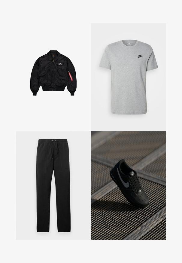 Black bomber jacket made of smooth nylon. Features a front zipper, ribbed cuffs, multiple pockets, and a red fabric tag on the sleeve.; Gray short-sleeve T-shirt made of cotton, featuring a black Nike logo on the chest and a round neckline. Minimalist design with no patterns.; Black sweatpants made of fleece, featuring an elastic waistband with drawstrings, two front pockets, and a small logo on the thigh.; Black Nike Air Force 1 sneaker with a smooth leather upper, perforated toe, grey accents, and black laces, floating above a textured surface.