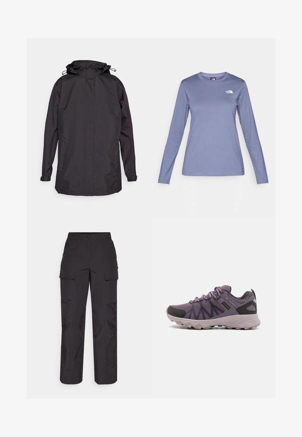 Melna ūdensnecaurlaidīga jaka ar kapuci, kas aprīkota ar elastīgām piedurknēm un divām sānu kabatām. Gluda tekstūra un vienkāršs, funkcionāls dizains.; Gari ilga piedurkne krekls gaiši purpura audumā, ar apaļu kaklu un The North Face logo baltā krāsā kreisajā krūšu daļā. Gluda tekstūra, ikdienas piegriezums.; Melni kravas bikses, izgatavotas no izturīga auduma, ar vairākiem sānu kabatām, pogu aizdari un brīvu piegriezumu ar taisnām kājām.; Vieglie purpura pārgājienu apavi ar sietu augšdaļu, melniem akcentiem, mīkstinātu zoli un izturīgu protektoru saķerei.