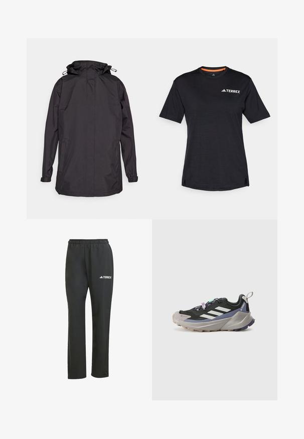 Veste noire imperméable avec capuche, équipée de poignets élastiques et de deux poches latérales. Texture lisse et design simple et fonctionnel.; T-shirt noir à manches courtes avec col rond, présentant une texture chinée subtile et un logo "TERREX" blanc sur le côté supérieur gauche.; Pantalons légers noirs avec une taille élastique. Présente un logo "TERREX" subtil en blanc. Tissu lisse et design à jambes droites.; Baskets noires en textile Gore-Tex, avec des rayures blanches, des accents violets, une épaisse semelle intermédiaire grise et une semelle extérieure grise texturée pour une meilleure adhérence.