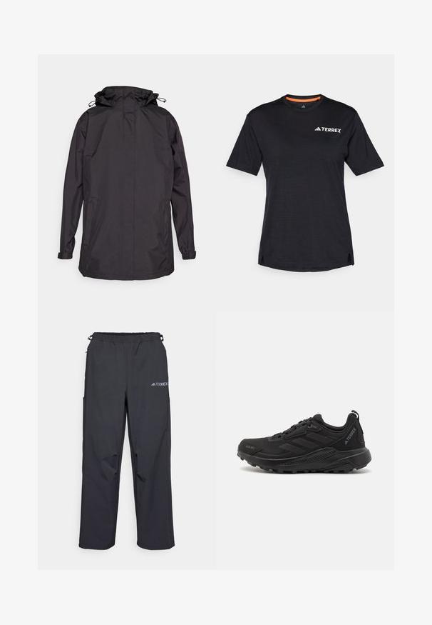 Fekete vízálló dzseki kapucnival, rugalmas mandzsettákkal és két oldalsó zsebbel. Simaszerkezet és egyszerű, funkcionális dizájn.; Fekete, rövid ujjú póló kerek nyakkivágással, finom melírozott textúrával, a bal felső sarokban fehér "TERREX" logóval.; Fekete, könnyű kültéri nadrág, rugalmas derékrésszel, oldalzsebekkel és logóval a jobb oldali comb felső részén. Simal, vízlepergető szövet.; Fekete sportcipő, textúrált szintetikus felsőrésszel, fűzőzárral, vastag gumitalppal és diszkrét logókkal az oldalon és a sarkon.