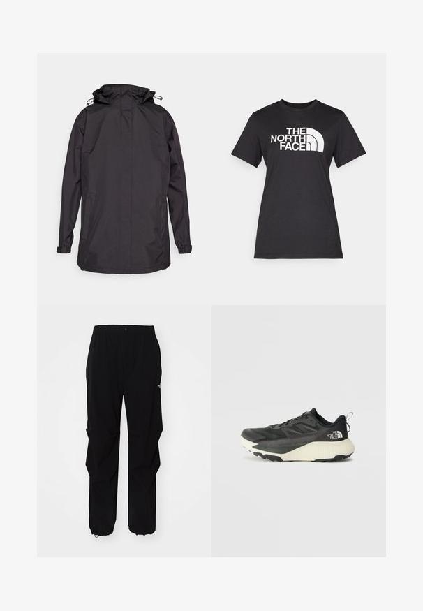 Giacca nera impermeabile con cappuccio, dotata di polsini elasticizzati e due tasche laterali. Texture liscia e design semplice e funzionale.; T-shirt in cotone nera con un grande logo bianco "THE NORTH FACE" e accento curvo. Maniche corte e collo a giro, texture liscia.; Pantaloni neri da esterno realizzati in materiale resistente, con vestibilità rilassata, cintura elastica e polsini regolabili per lunghezza adattabile.; Scarpa da ginnastica nera con tomaia testurizzata, con accenti grigi e un sottopiede bianco. Include una linguetta sul retro e un logo del marchio ben visibile sul tallone.