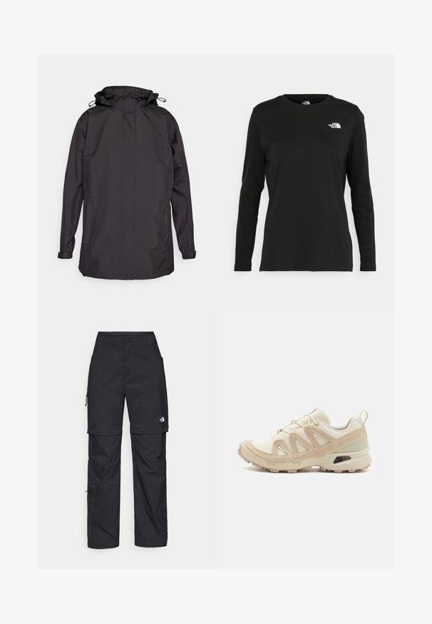 Giacca nera impermeabile con cappuccio, dotata di polsini elasticizzati e due tasche laterali. Texture liscia e design semplice e funzionale.; T-shirt nera a maniche lunghe in cotone con colletto rotondo. Presenta un piccolo logo bianco sul lato sinistro del petto. Design semplice e vestibilità comoda.; Pantaloni cargo in nylon nero con zip rimovibile, polsini regolabili, molteplici tasche e un logo sulla gamba destra. Tessuto liscio e leggero.; Scarpa atletica beige e crema con tomaia in mesh testurizzato, sovrapposizioni supportive e suola in gomma con un motivo a tasselli per la trazione.