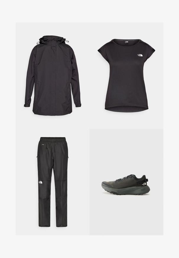 Melna ūdensnecaurlaidīga jaka ar kapuci, kas aprīkota ar elastīgām piedurknēm un divām sānu kabatām. Gluda tekstūra un vienkāršs, funkcionāls dizains.; The North Face TANKEN TANK - Sporta krekli - black; Melnas ūdensnecaurlaidīgas bikses, kas izgatavotas no viegla materiāla, ar elastīgu jostu, sānu kabatām un logotipu uz kreisās kājas.; Tumši pelēki sporta apavi ar teksturētu auduma augšdaļu, plakaniem šņorēm, pastiprinātu purngalu un biezu, izturīgu zoli labākai saķerei. 300 izspiestas uz papēža.