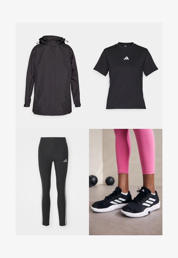 Čierna nepremokavá bunda s kapucňou, má elastické manžety a dve bočné vrecká. Hladká textura a jednoduchý, funkčný dizajn.; Čierne tričko s krátkym rukávom vyrobené z mäkkej tkaniny. Obsahuje biele logo Adidas a kontrastné biele pruhy po stranách.; Čierne legíny vyrobené z elastického materiálu s bielymi bočnými pruhmi a malým reflexným logom na ľavej hornej strane.; Čierne atletické topánky s bielymi pruhmi, textúrovaný sieťovaný zvršok a biela podrážka. Nosené s ružovými legínami, ukazujúce tréningové oblečenie.
