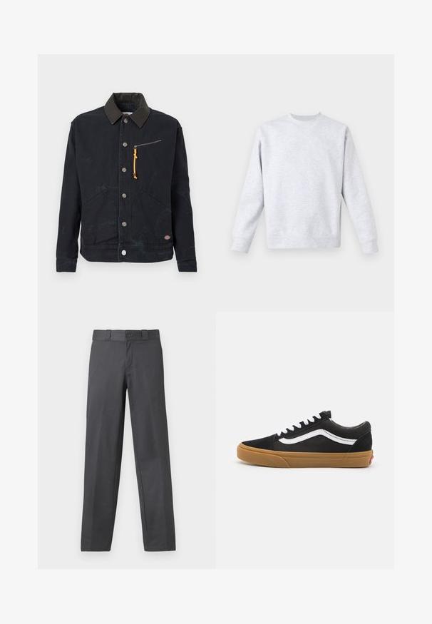 Zwarte button-up jas met een donkere contrasterende kraag, twee voorzakken, een ritszak op de borst met een gele trekstrip en een klein logo patch.; Lichtgrijze sweatshirt gemaakt van zachte stof, met een ronde hals, lange mouwen en geribde manchetten en zoom. Minimalistisch ontwerp zonder patronen.; Grijze broek van gladde stof, met een recht gesneden ontwerp, knoopsluiting en lussen voor een riem; minimale naden en geen patronen.; Zwarte suède sneakers met witte zijkantstripes, witte veters en een gumrubberen zool. Klassiek low-top ontwerp met getextureerde accenten en een afgeronde neus.